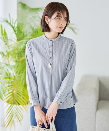 ストライプ バンドカラー ブラウス