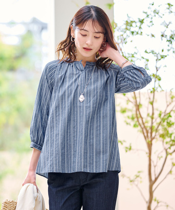 ジャカード スキッパー 七分袖ブラウス 