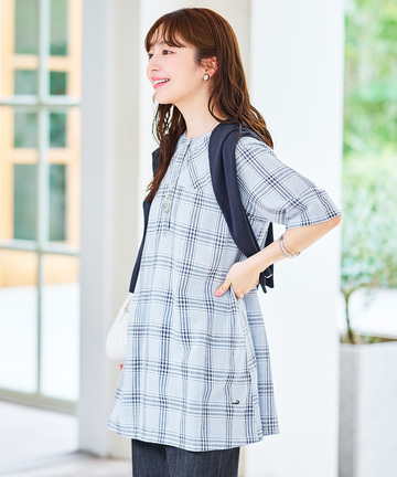 リネンブレンド バンドカラー チェック チュニック【オンラインショップ・一部店舗限定】