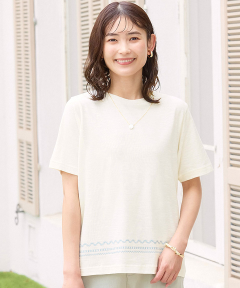 裾刺繍 スラブ天竺 Tシャツ