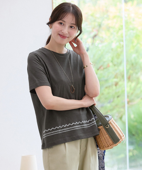裾刺繍 スラブ天竺 Tシャツ