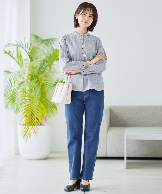 ストライプ バンドカラー ブラウス