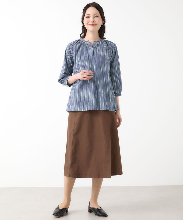 ジャカード スキッパー 七分袖ブラウス 