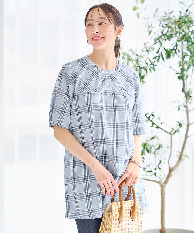 リネンブレンド バンドカラー チェック チュニック【オンラインショップ・一部店舗限定】