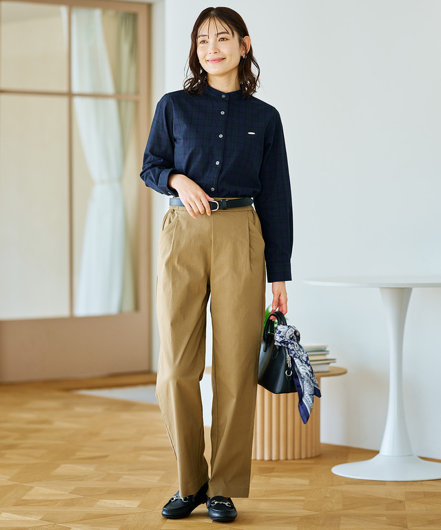 バンドカラー チェック柄 ブラウス