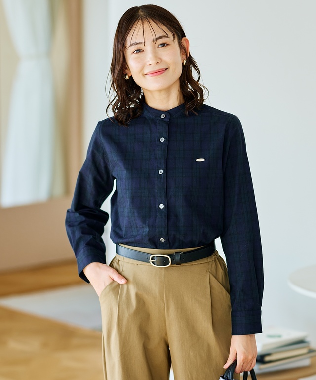 バンドカラー チェック柄 ブラウス