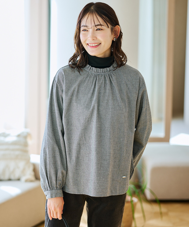 フロントギャザー 千鳥柄 ブラウス