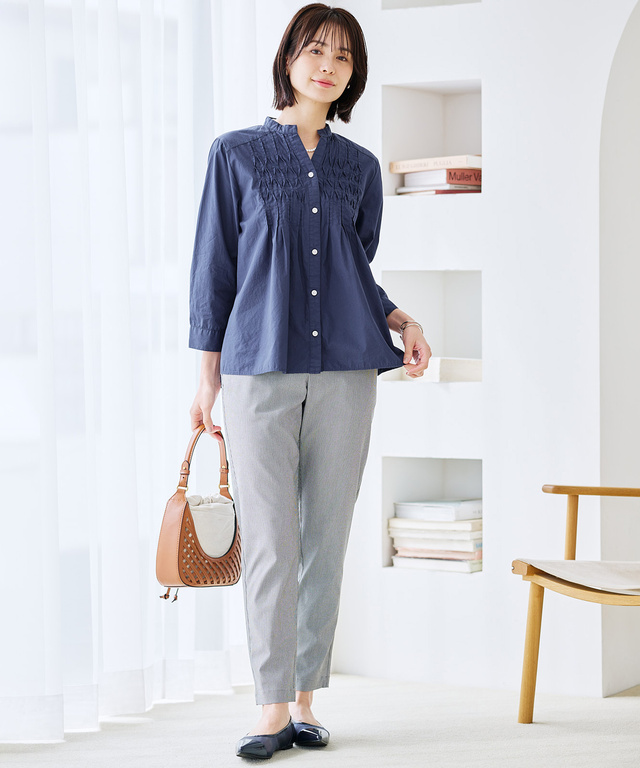 ピンタック バンドカラー ブラウス