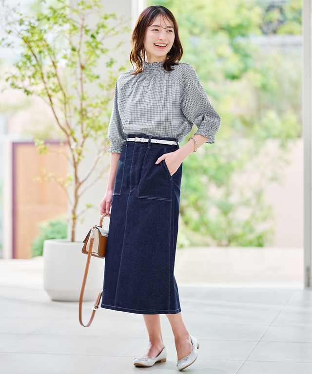 2WAY ギンガムチェック 七分袖 ブラウス