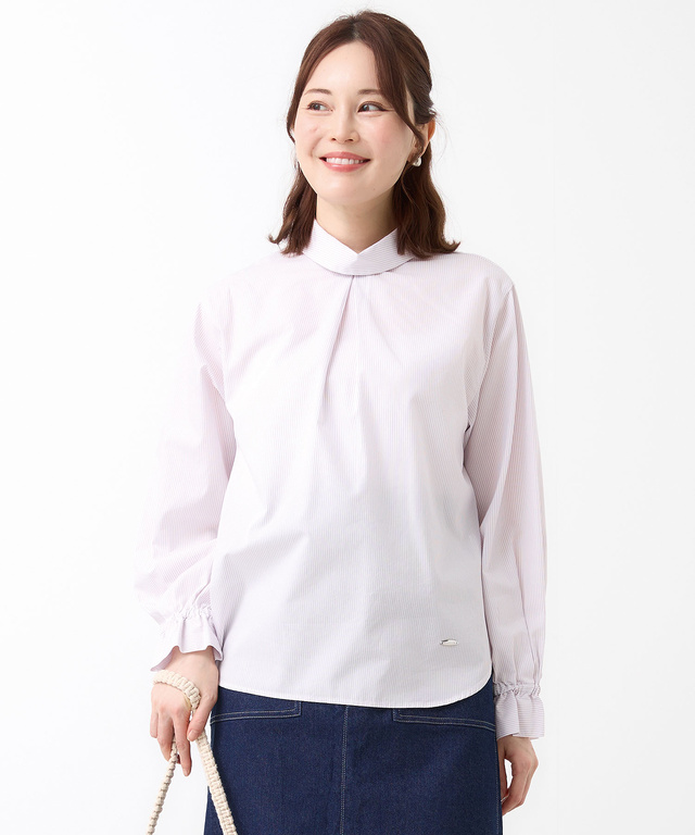 ストライプ アシンメトリー襟 ブラウス【オンラインショップ・一部店舗限定】