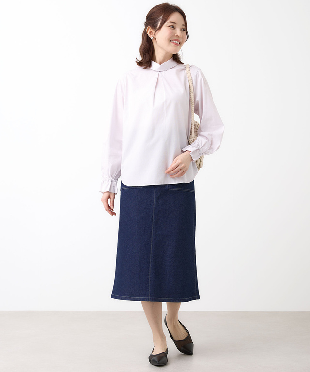 ストライプ アシンメトリー襟 ブラウス【オンラインショップ・一部店舗限定】