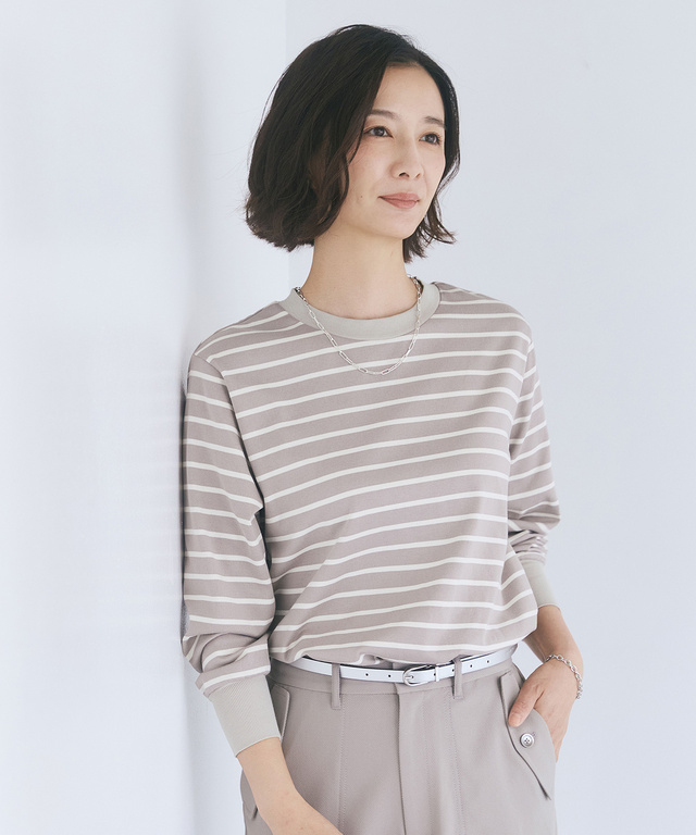 リブ切り替え ボーダー ロングTシャツ