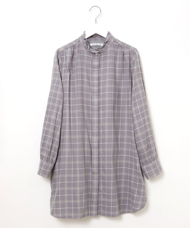 起毛 襟フリル チェックチュニック