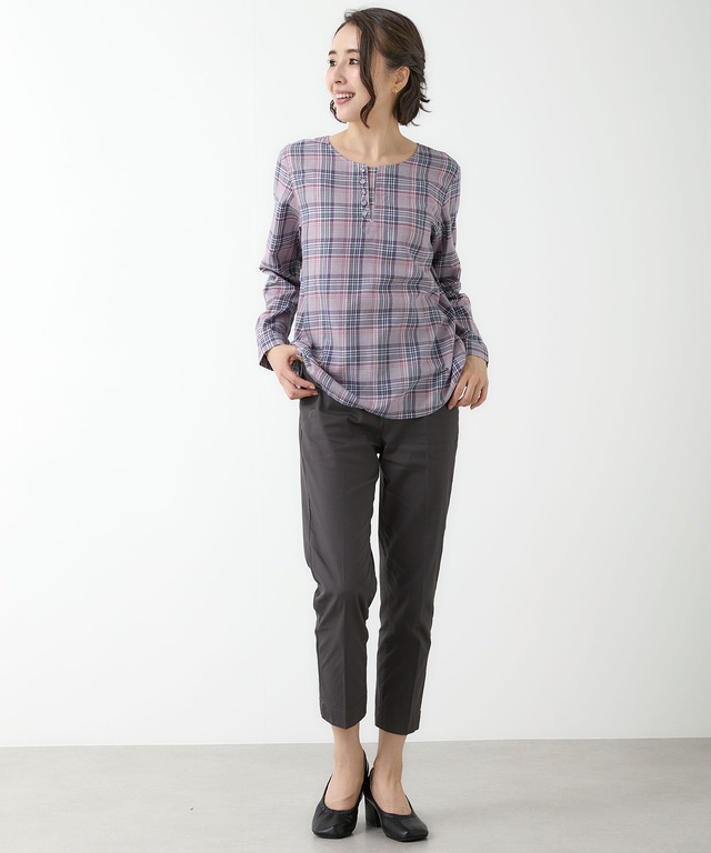 スキッパー チェック柄 ブラウス