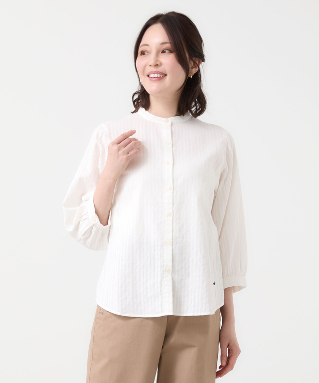 パナマストライプ バンドカラー ブラウス