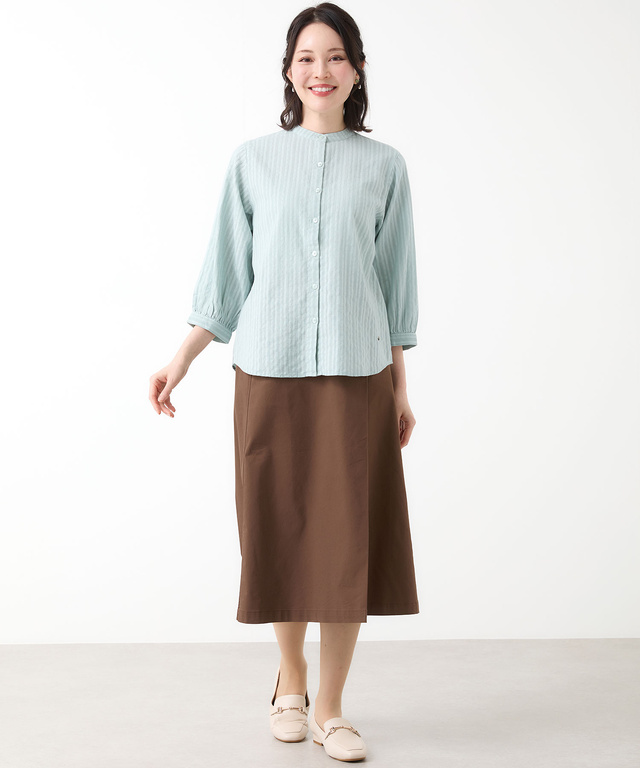 パナマストライプ バンドカラー ブラウス