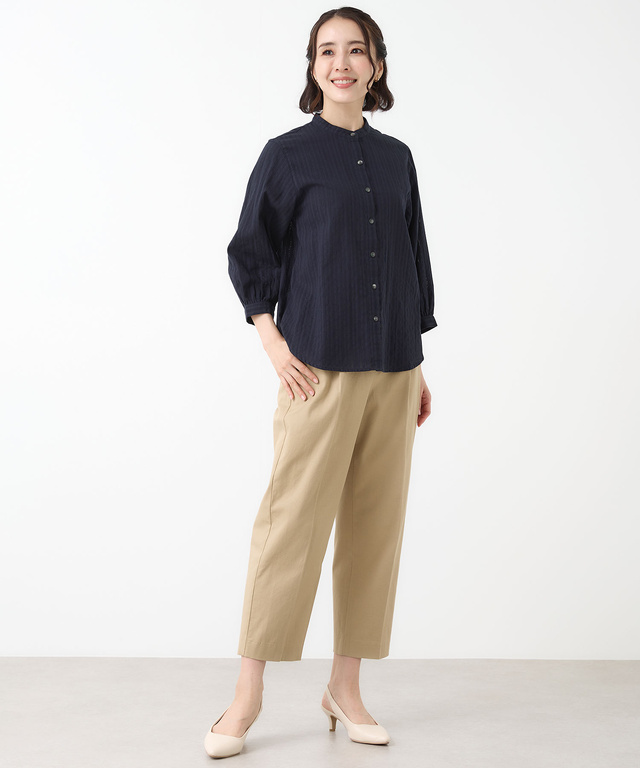 パナマストライプ バンドカラー ブラウス