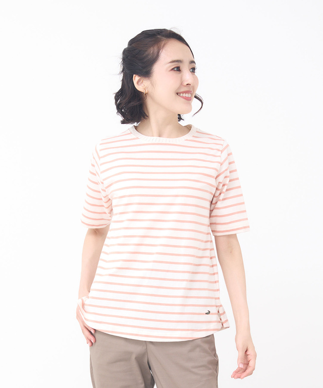 柄編み襟 ボーダー Tシャツ