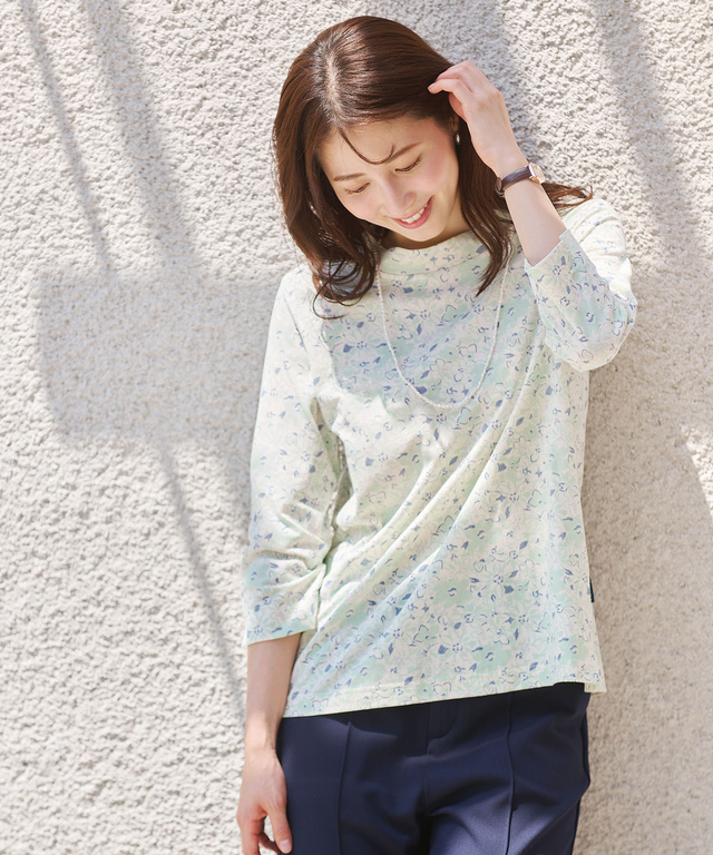 花柄 七分袖 ハイネックカットソー