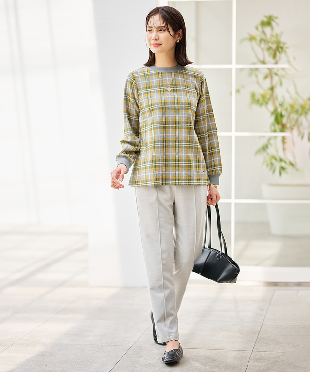 チェック柄 リブ配色 プルオーバー