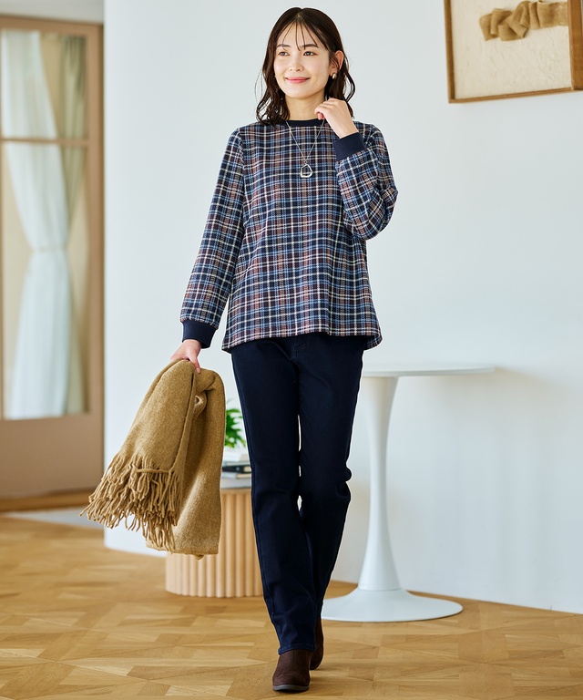 チェック柄 リブ配色 プルオーバー