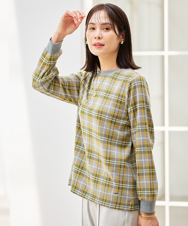 チェック柄 リブ配色 プルオーバー