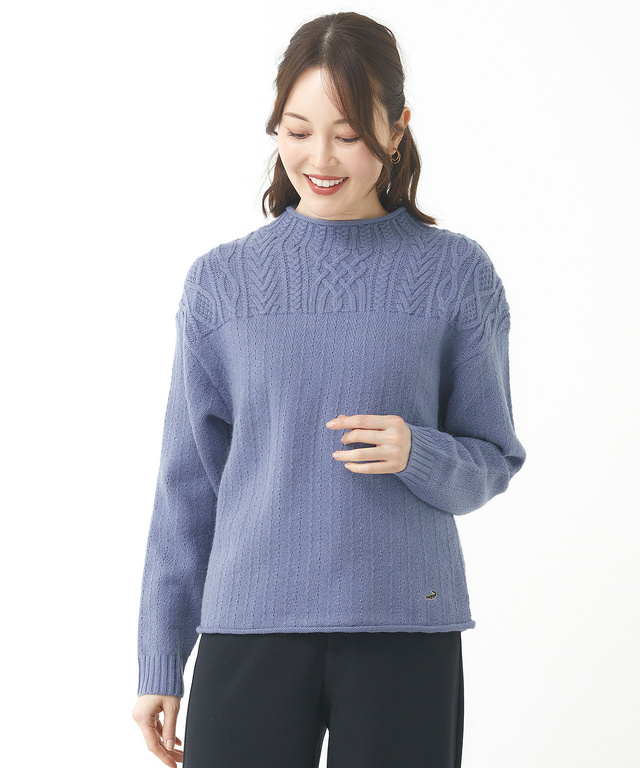 ウールブレンド ボトルネック ケーブルニット【手洗いOK】