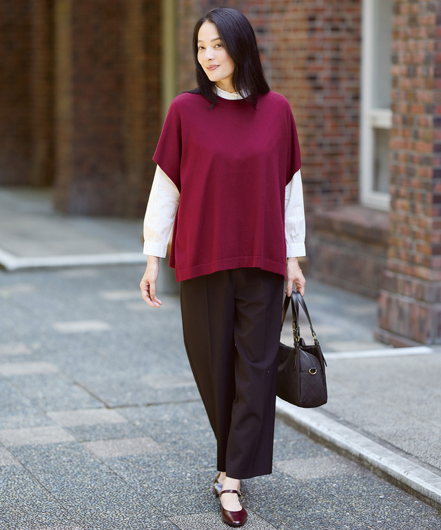 ウールブレンド ポンチョ風 ニット ベスト【手洗いOK】