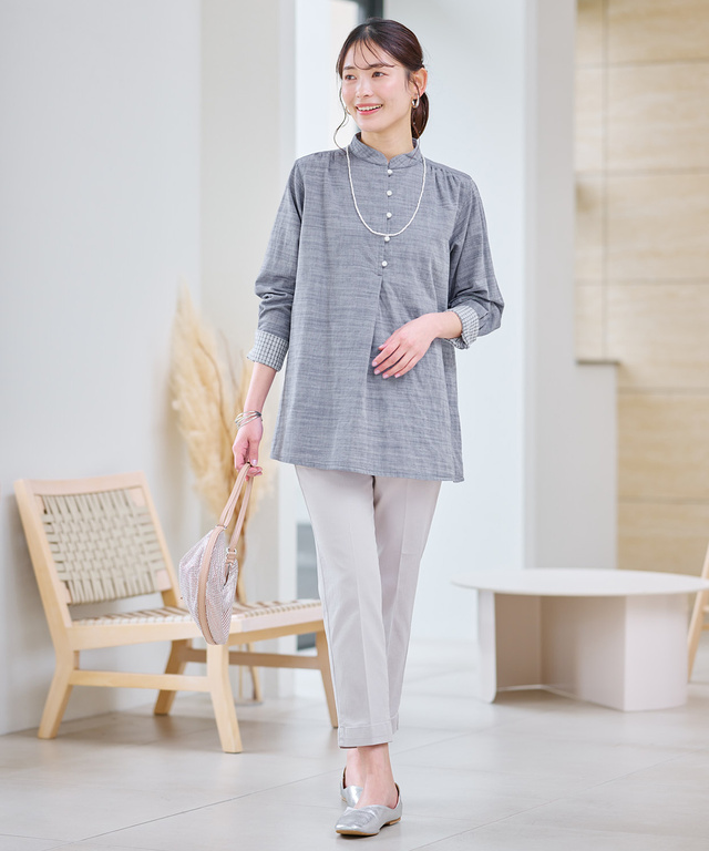 ダブルガーゼ バンドカラー チュニック