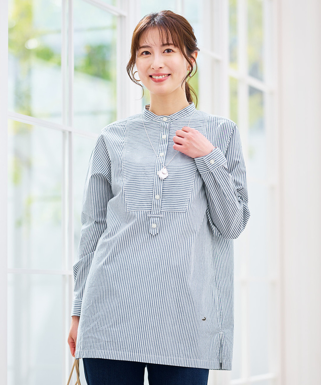 ストライプ切り替え バンドカラー チュニック【オンラインショップ・一部店舗限定】