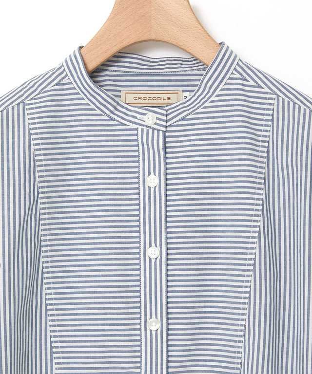 ストライプ切り替え バンドカラー チュニック【オンラインショップ・一部店舗限定】