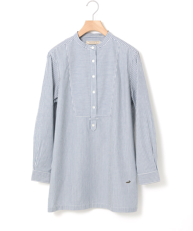 ストライプ切り替え バンドカラー チュニック【オンラインショップ・一部店舗限定】