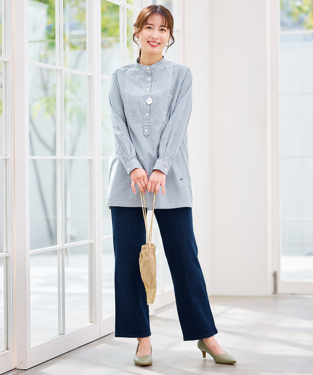 ストライプ切り替え バンドカラー チュニック【オンラインショップ・一部店舗限定】