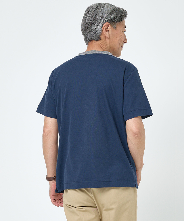 変形ネック ボーダーリブ Tシャツ
