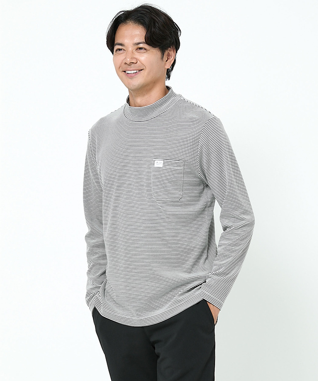 スムース ボーダー柄 ハイネック カットソー