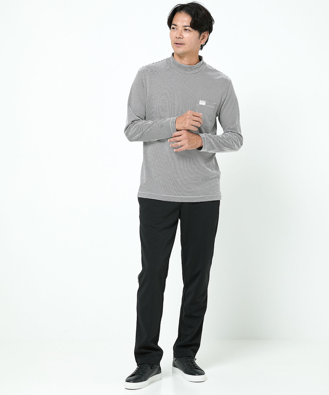 スムース ボーダー柄 ハイネック カットソー