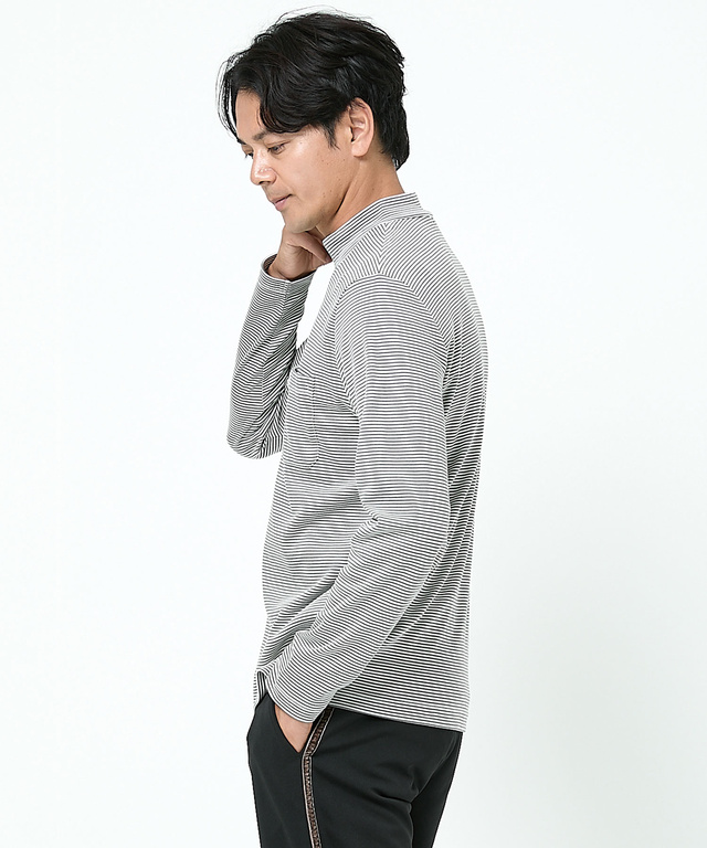 スムース ボーダー柄 ハイネック カットソー