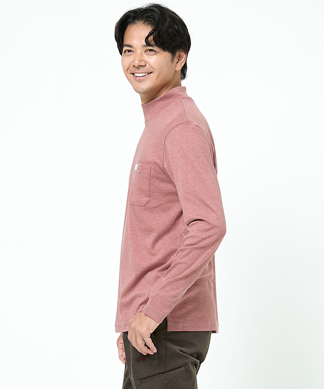 スムース ボーダー柄 ハイネック カットソー