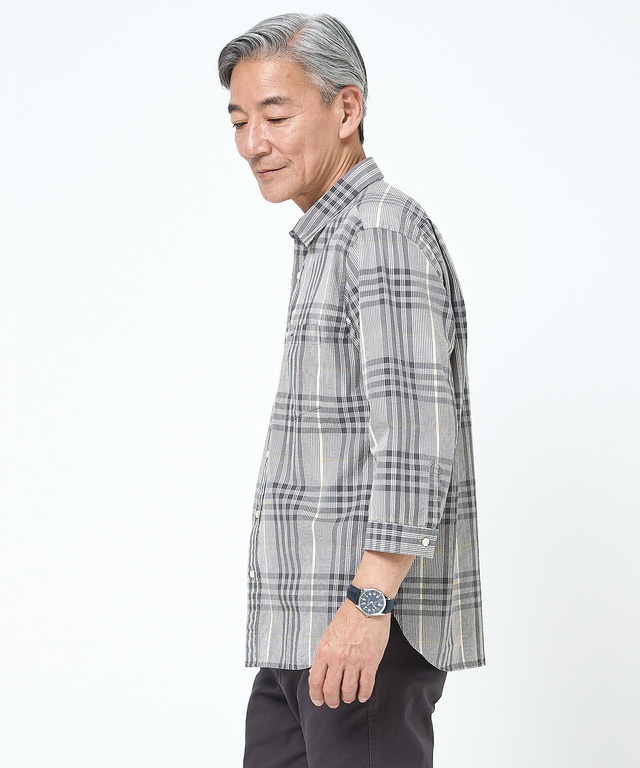 スノーコットン サッカーチェック 七分袖 シャツ 【接触冷感】