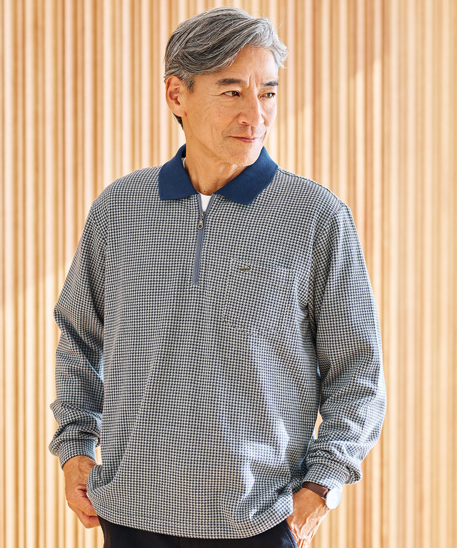 千鳥柄 ハーフジップ ポロシャツ