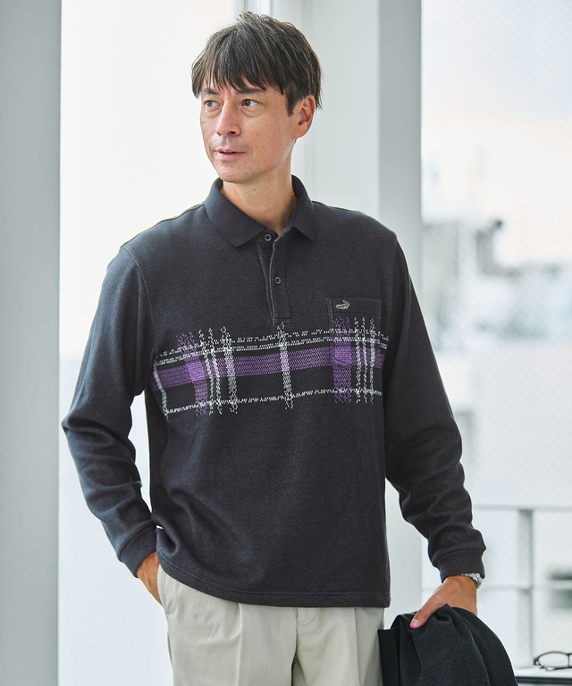 チェック柄 プリント ポロシャツ