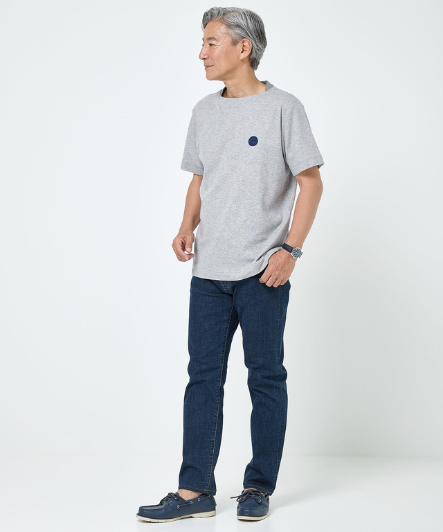 変形ネック ボーダーリブ Tシャツ