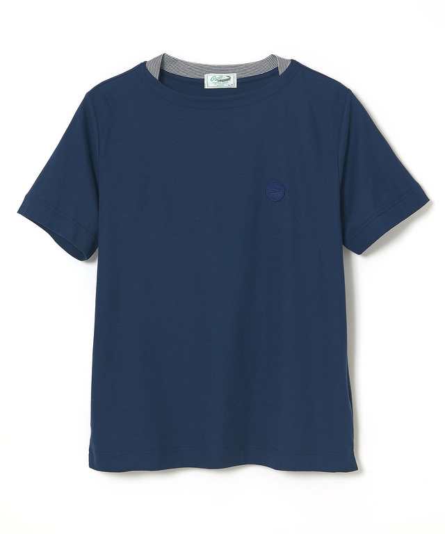変形ネック ボーダーリブ Tシャツ