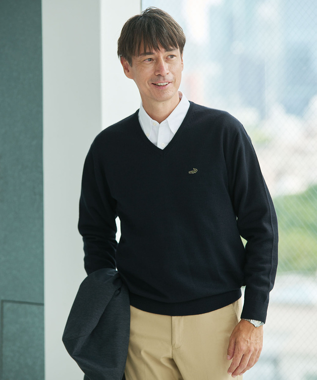 10ゲージVネックセーター【洗濯機洗いOK】