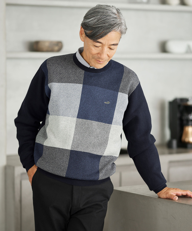 カシミヤブレンド ブロックチェック ニット【手洗いOK】