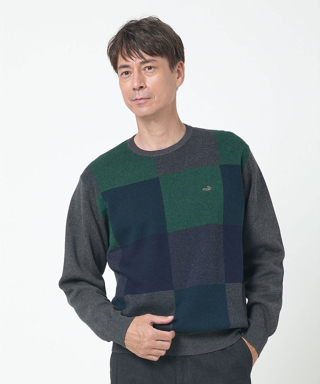 カシミヤブレンド ブロックチェック ニット【手洗いOK】