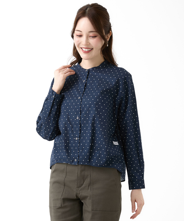 コットン バンドカラー ドット ブラウス