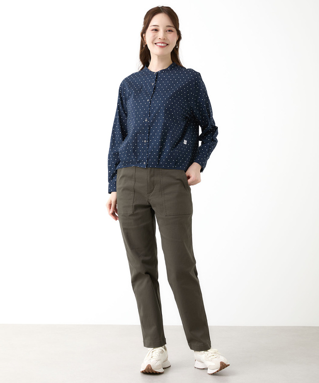 コットン バンドカラー ドット ブラウス