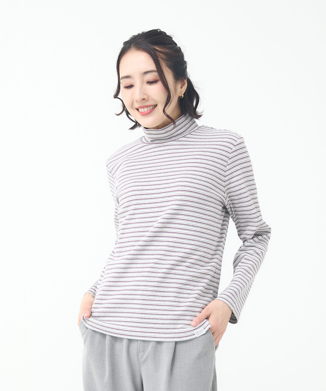 スムース ボーダー タートルネックカットソー