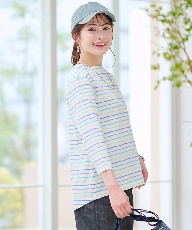 スノーコットン ボーダー 七分袖 Tシャツ【接触冷感】